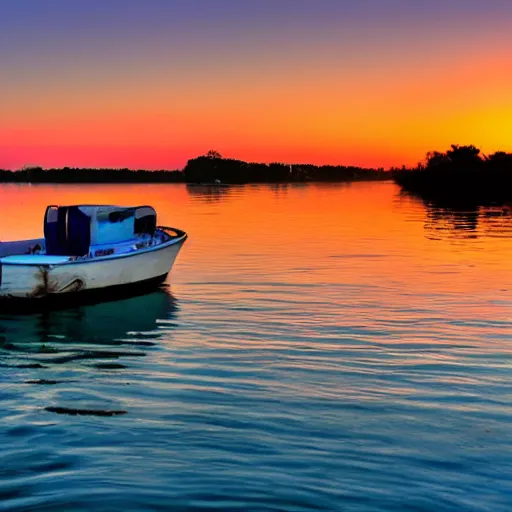 Image similar to a photo of a house, boat on the water, sunset