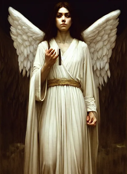 Prompt: portrait of angel in white robes. realistic shaded lighting poster by greg rutkowski, john william waterhouse, trending on art statio. highly detailed, symmetrical face.