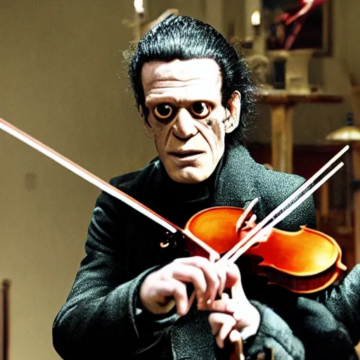 Image similar to UHD candid photo of Frankenstein playing violin, with accurate face, UHD, photorealistic, correct face, photo by Annie Leibowitz