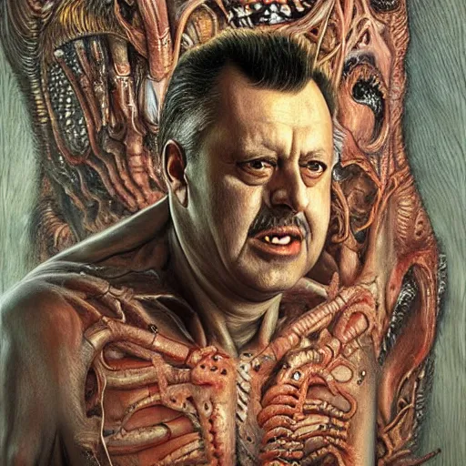 Image similar to Bodyhorror portrait by H.R.Giger of Igor Ivanovich Strelkov who became a degenerate horror Abomination, photo-realistic, color image, 2K, highly detailed