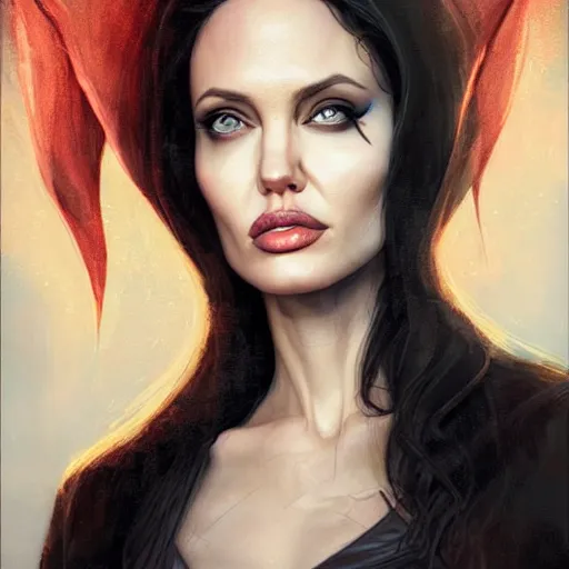 Image similar to Angelina Jolie as Lucifer Morningstar, highly detailed, digital painting, artstation, concept art, smooth, sharp focus, illustration, ArtStation, art by Katsuhiro Otomo and Tom Bagshaw