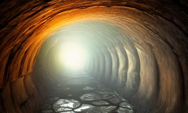 Image similar to beautiful photograph of a magical vertical cylindrical raindrop tunnel between a dried up river and the sun, highly-detailed, fantastic, dramatic lighting, artstation, 4k