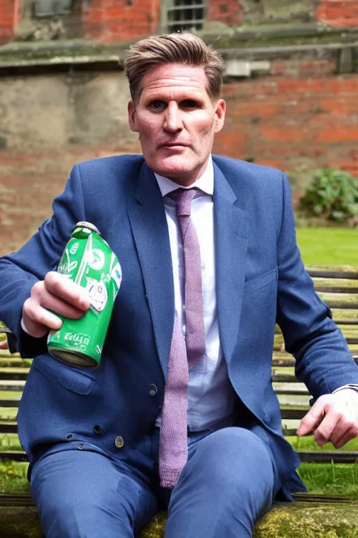 Image similar to Sir Kier Starmer in a blue suit wearing a flat cap on his head sitting on a bench alone holding a large plastic green bottle of cider, at his feet are empty cans and bottles