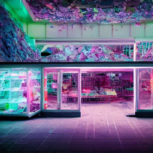 Prompt: biomaterial, architecture, futuristic, neon, pastel colors, hd 8 k, detailed, abandoned, overgrown, candy shop in a mall, candies, spilling