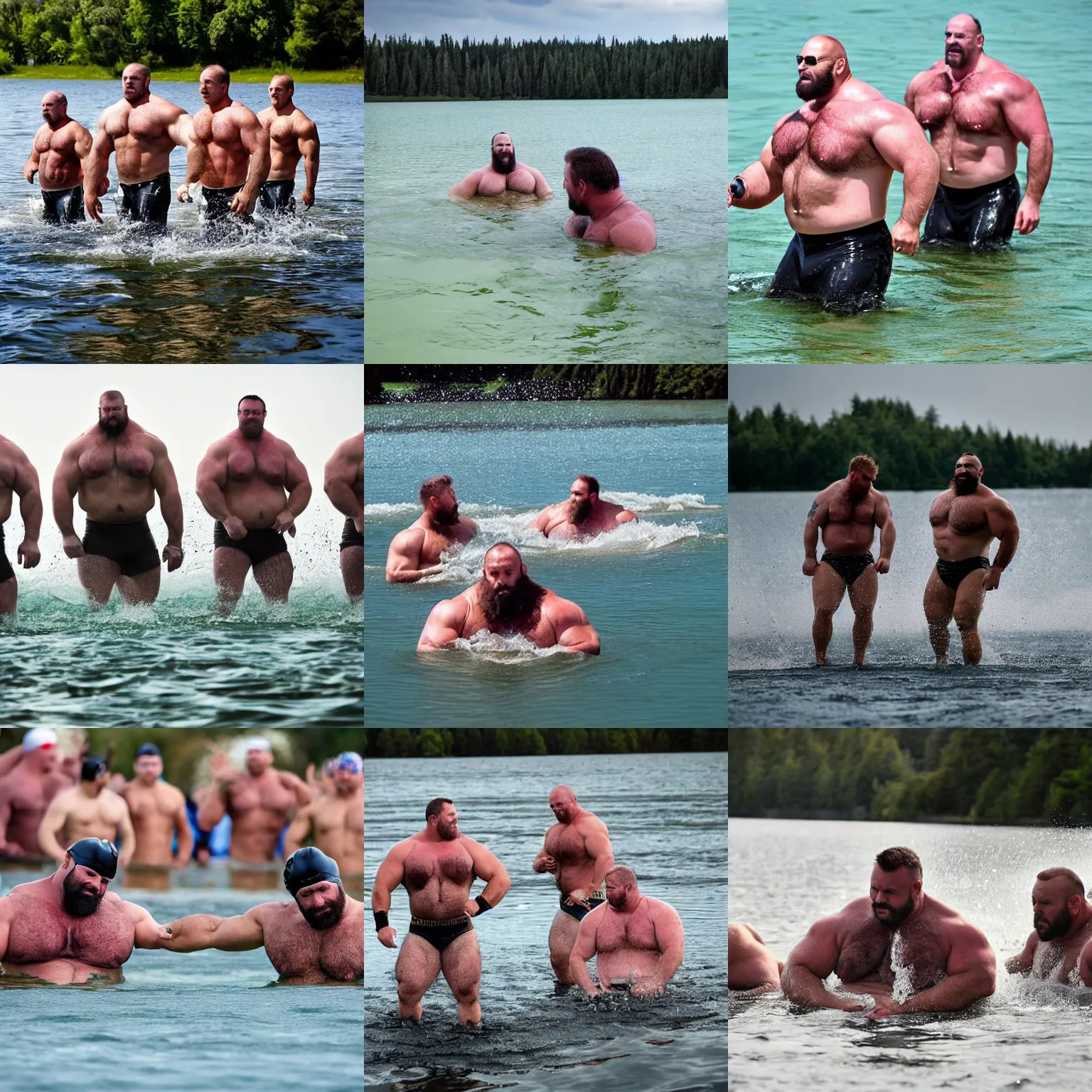 Prompt: thick burly hairy muscular strongmen swimming in military trousers in a lake, photography