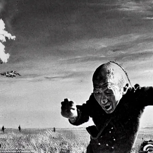 Prompt: a frightened funny ukrainian is trying to escape, badly injured from radiation from a huge nuclear explosion, a nuclear missile flies right at him