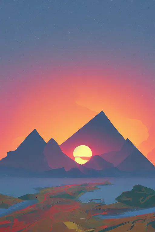 Image similar to sunrise mountain water vector illustration digital art by james gilleard trending on artstation