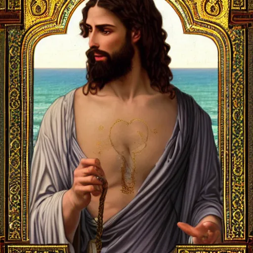 Image similar to an extremely detailed illuminated manuscript of a ridiculously good looking jesus that looks like a jewish gigachad with his 1 2 apostle entourage, long curly hair, elegant ancient greek dress, very detailed, windy beach, beautiful, intricate, cinematic, artstation, william bouguereau, alphonse mucha, greg rutkowski, rossdraws, octane render