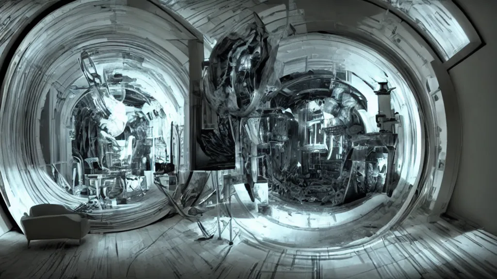 Image similar to an mri image open mri exposed uncovered machine portal in the living room, film still from the movie directed by denis villeneuve with art direction by salvador dali, wide lens