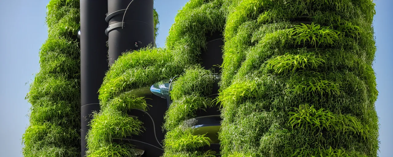 Image similar to torus shaped electrostatic water condensation collector tower, irrigation system in the background, vertical gardens, in the middle of the desert, XF IQ4, 150MP, 50mm, F1.4, ISO 200, 1/160s, natural light