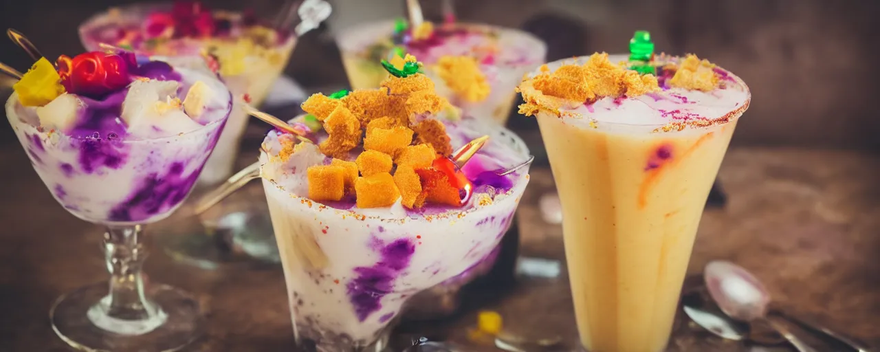 Image similar to halo - halo from kuya j's, depth of field, food photography, isometric, delicious, wide shot, studio, bokeh, gmaster, cooking, food, kodak, sony, canon