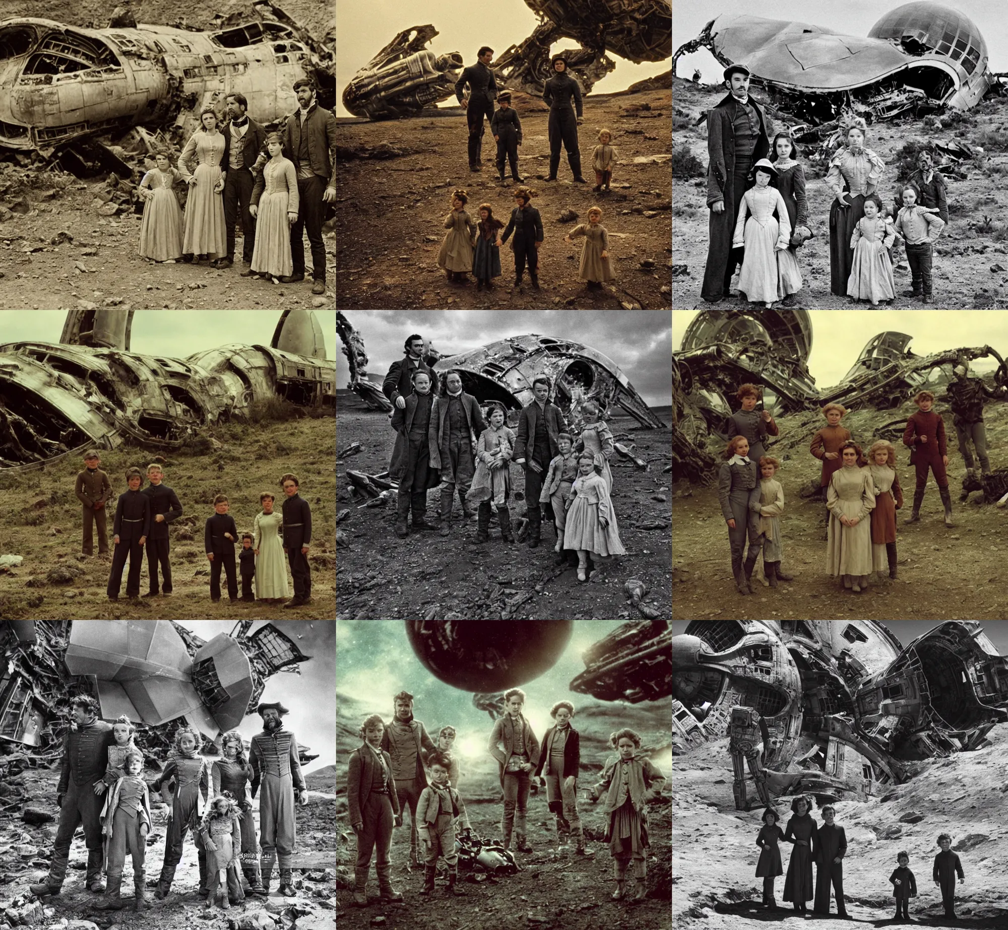 Prompt: extremely sharply detailed, scan from blockbuster 9 6 k sci fi color movie freeze frame, set 1 8 6 0, family standing in front of crashed spaceship, on alien planet, looking happy, wearing 1 8 5 0 s era clothes, atmospheric lighting, in focus, reflective eyes, - 9 9 9 mm macro lens, live action, nice composition, good photography, clear faces