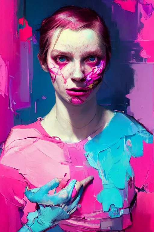 Prompt: portrait of a beautiful girl living in a postapoliptic forgotten world, her face expresses : sadness, and death, in the colors hot pink and cyan, beautiful face, rule of thirds, complex outfit, spotlight, by greg rutkowski, by jeremy mann, by francoise nielly, by van gogh, digital painting