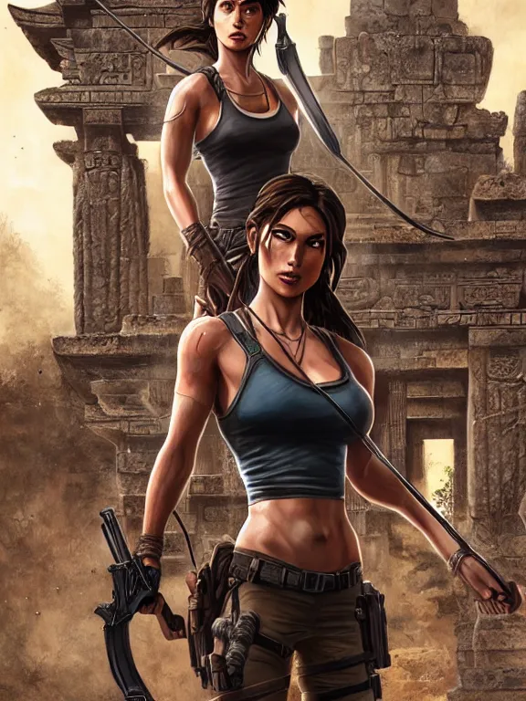 Prompt: lara croft standing in front of an ancient temple, digital painting, extremely detailed, 4 k, intricate, artgerm, by stanley lau