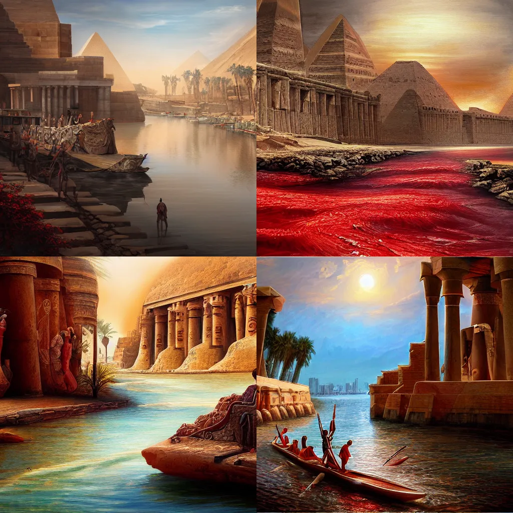 Prompt: illustration of Egypt river of blood, realistic painting, classical painting, high definition, digital art, matte painting, very detailed, realistic