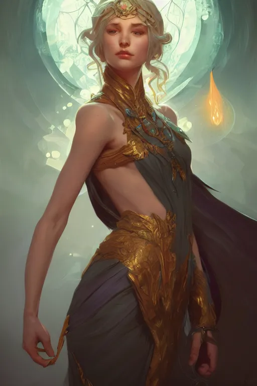 Image similar to beautiful sorceress, accurate anatomy, only two hands, highly detailed, digital painting, artstation, concept art, smooth, sharp focus, illustration, Unreal Engine 5, 8K, art by sakimichan and greg rutkowski and alphonse Mucha