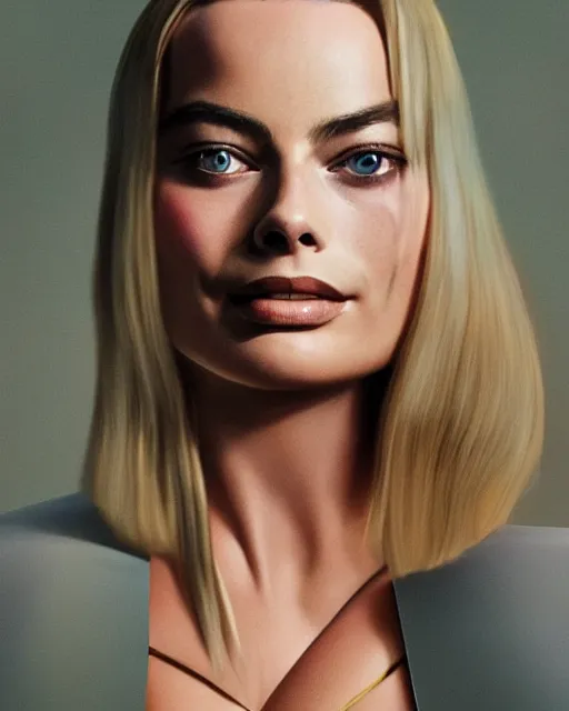 Prompt: margot robbie wearing a futuristic metal kimono, half body portrait, greg kutkowski, sharp details, soft brushstrokes, subsurface scattering, warm lighting