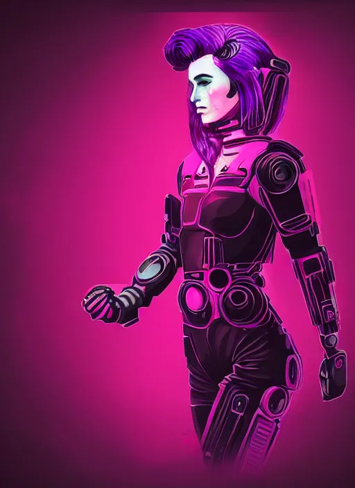 Image similar to black background with subtle red and purple design elements, pale woman in sci - fi power armor with purple hair, nekro, modern design, collage art, thin lines, dark, glitch art, neo vaporwave, gritty, layout frame, trending on artstation