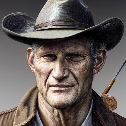 Image similar to portrait painting of woodrow harrelson, with a cowboy hat and bloody golf club, ultra realistic, concept art, intricate details, eerie, highly detailed, photorealistic, octane render, 8 k, unreal engine. art by artgerm and greg rutkowski and alphonse mucha
