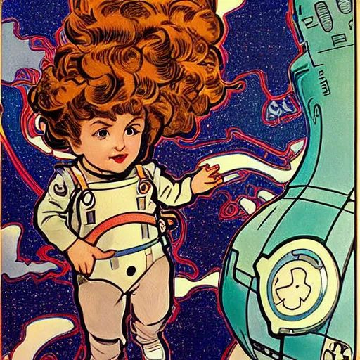 Image similar to a cute little girl with a mischievous face and short brown wavy curly hair. she is dressed as an astronaut. well composed, clean elegant painting, beautiful detailed face. comic book art by steve ditko and jack kirby and ( alphonse mucha )