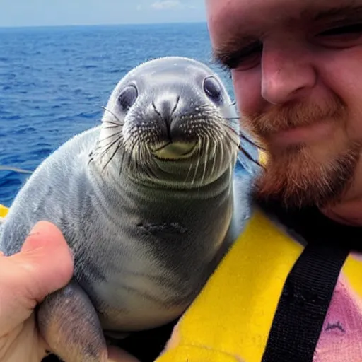 Image similar to incredibly fantastically stupendously fluffy tiny winged pygmy baby manatee seal hybrid being cradled by a nice pirate captain on an island, realistic, fantasy, pet, adorable, national geographic