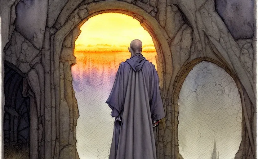 Image similar to a hyperrealist watercolor concept art of a medieval monk in grey robes at sunset looking through a portal to an alien world. very muted colors, by rebecca guay, michael kaluta, charles vess. high detail, hq, wide shot, 4 k