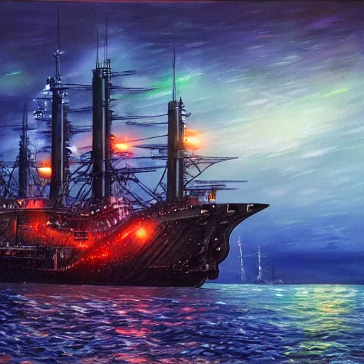 Image similar to an ominous biopunk tower with glowing lights rising in the distance with a ship sailing in the foreground, painting by John Berkley