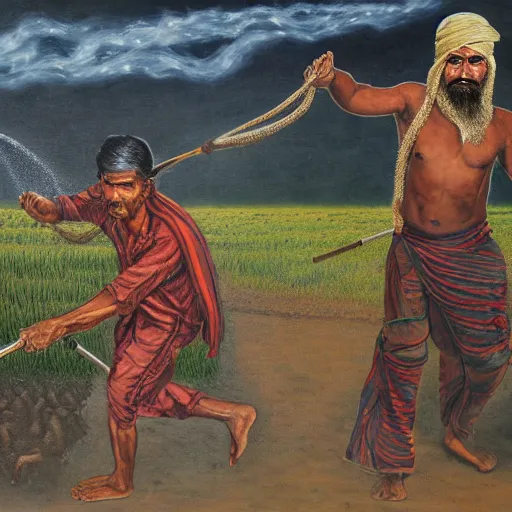 Prompt: portrait of head and body, single bangla farmer fighting on hoseback, hand to hand combat with machete, full body view, long flowing hair, fighting for his life, nebula aura surrounding subject, horseback combat attacker foreground, background of invading army, nestor canavarro hyperrealist art style, sharp outlines