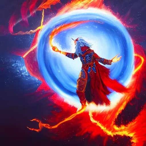 Image similar to Highly detailed oil painting, concept art, of a wizard casting a fireball spell, fighting against a huge ice giant, red and blue color scheme, concept art, highly detailed.