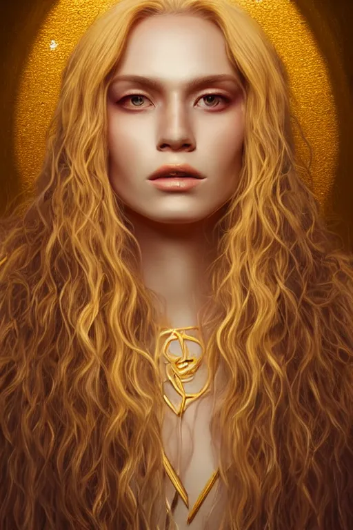 Image similar to Portrait of reistlin majere with long white hair, golden face, elegant, photorealistic, highly detailed, artstation, smooth, sharp focus, gold ornaments, neon lighting, sci-fi, art by Klimt