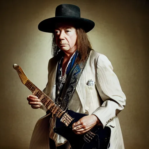 Image similar to Stevie Ray Vaughan, aged 68, studio portrait photo, studio lighting, 8k uhd lightroom, photo by annie leibovitz