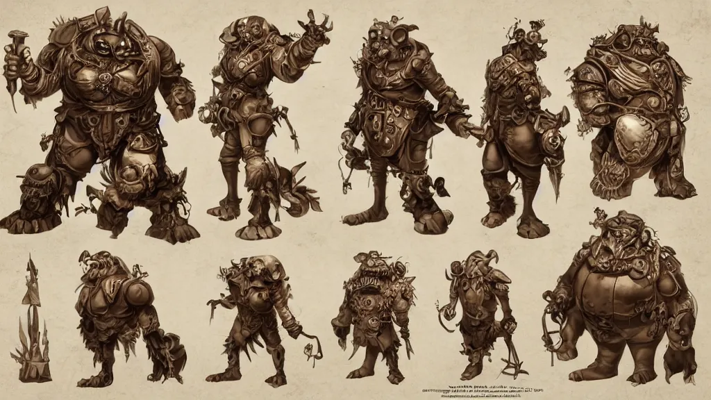 Image similar to a steampunk fantasy ogre character design sheet, trending on artstation