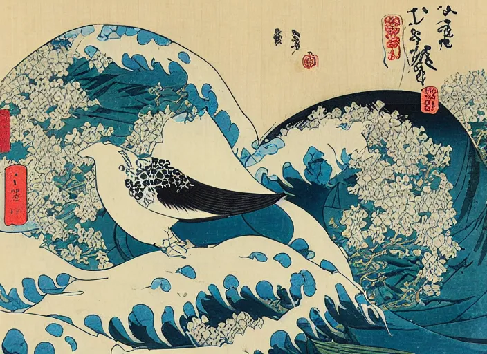 Image similar to katsushika hokusai art with birds