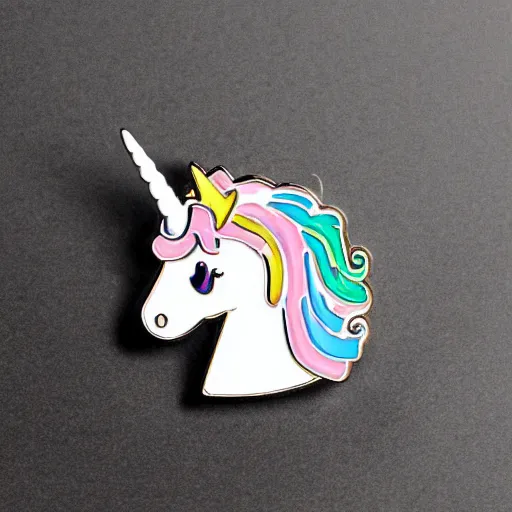 Prompt: glitter enamel pin of a white unicorn with rainbow mane, product photography