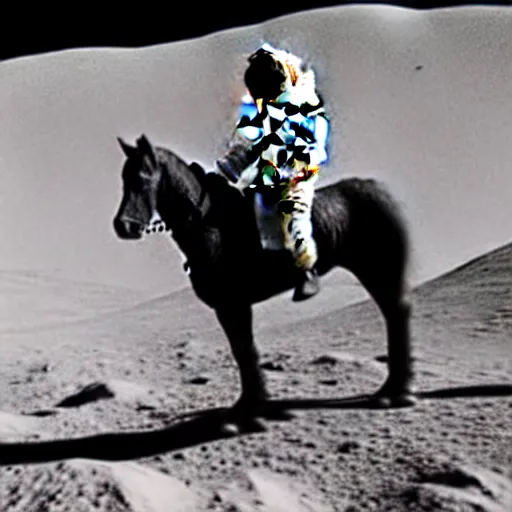 Image similar to old photo of an astronaut on his suited horse, photo taken on the moon