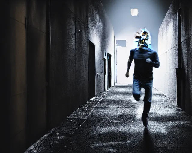 Prompt: photograph of a man with a urinal head running in a dark alley, 8k resolution, high detail, ULTRA REALISTIC VFX, reflections