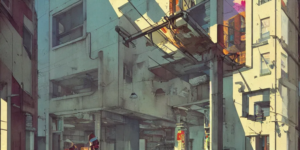 Image similar to neo brutralism, concrete housing, concept art, colorful, vivid colors, light, shadows, reflections, cinematic, 3D, in the style of Akihiko Yoshida and Edward Hopper