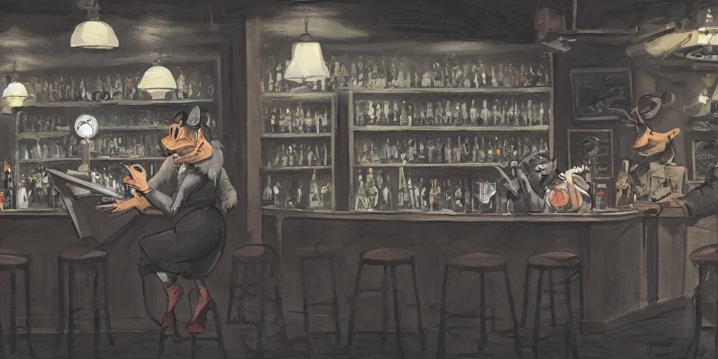 Image similar to a biped lady rat is working at the bar of a 4 0 s jazz club, warm color palette, night time, dramatic lighting, noir film, character sheet, fine details, high contrast, blacksad, kim jung gi, greg rutkowski, trending on artstation, 8 k, front view, back view, ultra wide angle