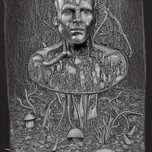 Prompt: A Cybernetic Thinker sculpture, sitting in a open forest, mushrooms and peyote at the base, high detail, b&w, ornate naturalist sketch