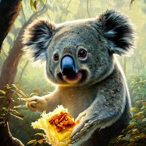 Prompt: highly detailed portrait of koala eating a taco, stephen bliss, unreal engine, fantasy art by greg rutkowski, loish, rhads, ferdinand knab, makoto shinkai and lois van baarle, ilya kuvshinov, rossdraws, tom bagshaw, alphonse mucha, global illumination, radiant light, detailed and intricate environment