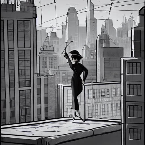 Image similar to concept art 1930's noir style female detective on rooftop above city smoking cigarette