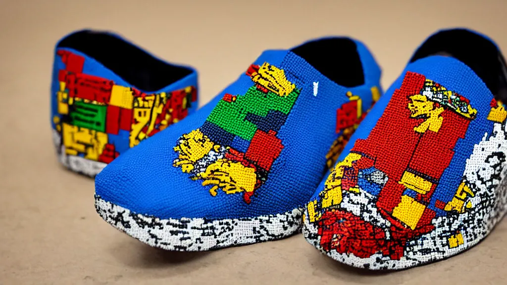 Prompt: sneaker made out of lego, kalamkari