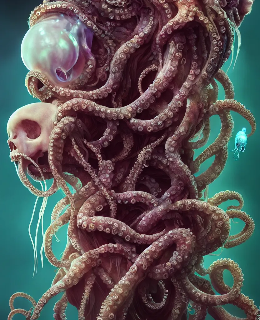 Image similar to goddess close - up portrait human skeleton, ram skull, octopus, jellyfish, orchid, betta fish, bioluminiscent, intricate artwork by tooth wu and wlop and beeple. octane render, trending on artstation, greg rutkowski very coherent symmetrical artwork. cinematic, hyper realism, high detail, octane render, 8 k