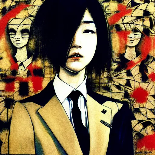 Image similar to yoshitaka amano blurred and dreamy realistic three quarter angle portrait of a young woman with short hair and black eyes wearing office suit with tie, junji ito abstract patterns in the background, shadows on the face, satoshi kon anime, noisy film grain effect, highly detailed, renaissance oil painting, weird portrait angle, blurred lost edges