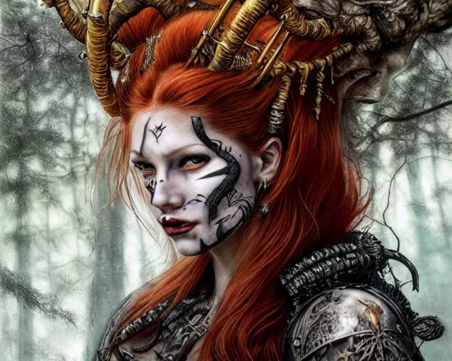 Image similar to 5 5 mm portrait photo of an armored gorgeous anesthetic redhead woman warrior with a face tattoo and demon horns growing from her head, in a magical forest in the style of stefan kostic, art by luis royo. highly detailed 8 k. intricate. lifelike. soft light. nikon d 8 5 0. cinematic post - processing