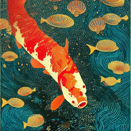 Image similar to giant koi carper in a magical underwater world, oil painting victo ngai