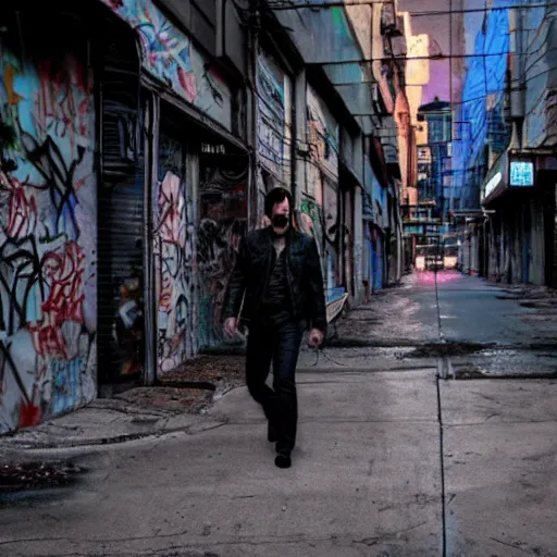 Prompt: Keanu Reeves walking on a cyberpunk street, dark glowing lights, fog, post-processing, graffiti, future cars