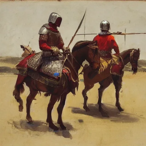 Image similar to man wearing chinmail and gambeson on horseback, holding jousting lance, horse is wearing caparisons, medieval by greg manchess, bernie fuchs, walter everett, lost edges