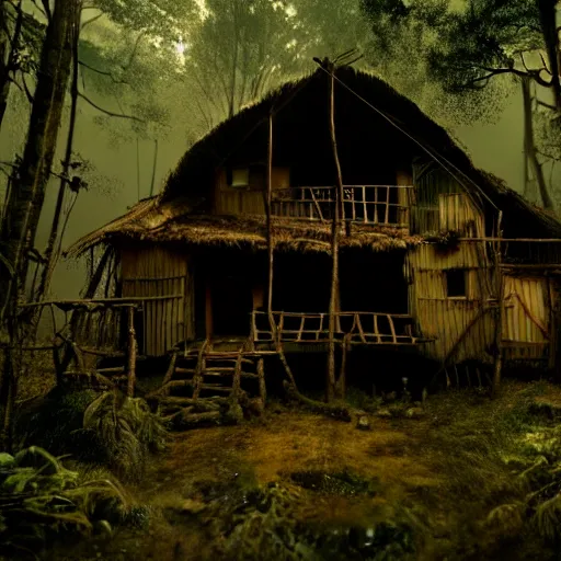 Prompt: a cinematic movie shot of a rustic multi-story ramshackle hut in the magical forest