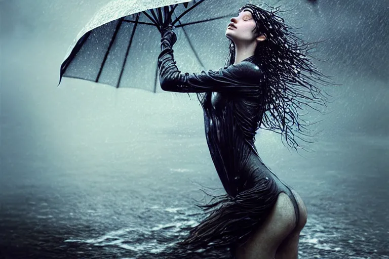 Prompt: girl flying freely in rain with wet hair and face, fantasy, intricate, elegant, dramatic lighting, emotionally evoking symbolic metaphor, highly detailed, lifelike, photorealistic, digital painting, artstation, concept art, smooth, sharp focus, illustration, art by John Collier and Albert Aublet and Krenz Cushart and Artem Demura and Alphonse Mucha